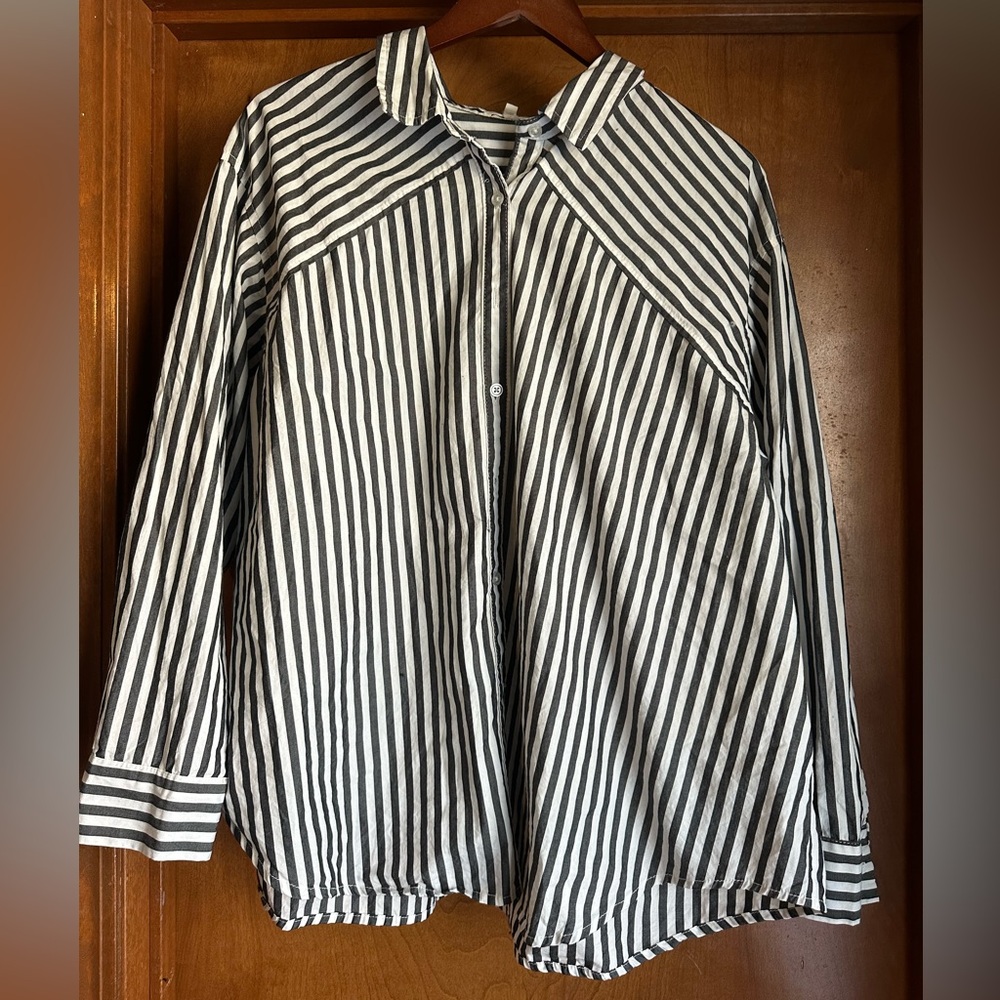 Asymmetrical Striped Black and White Button-Up Shirt